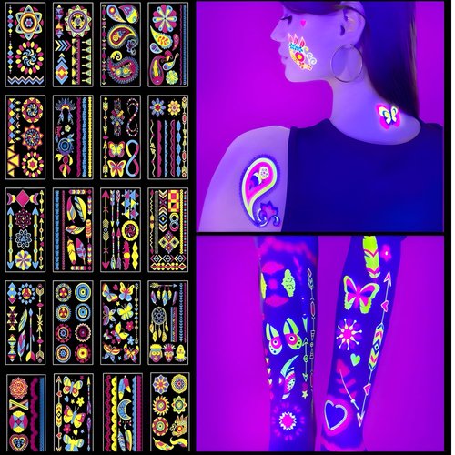 DIVKA UV Glow in the Dark Temporary Tattoos - 20 Sheets, 160 Neon Fake Tattoo Designs for Kids & Adults, Perfect for Festivals, Raves, Blacklight Parties, and Club Events