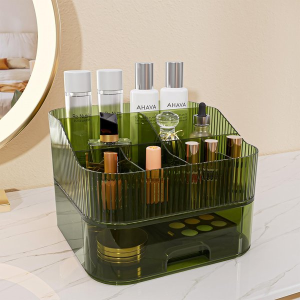 VITVITI Makeup Organizer Countertop for Vanity, Stackable Dresser Make up Organizer with Drawers, Dark Green Plastic Bathroom Cosmetics Skincare Organizer for Perfume, Lipstick, Lotion