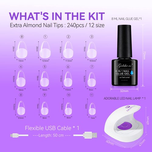 Gelike EC Gel X Nail Kit- 6 in 1 UV Strong Gel Glue, 240PCS Short Almond Nail Tips, and UV Lamp