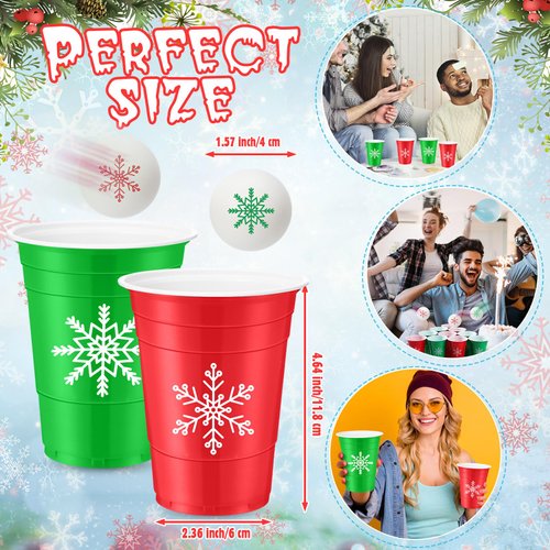 VioraWhite 22 Pcs Christmas Game Supplies Set 16 oz Plastic Cups with 8 Christmas Theme Balls Xmas Party Game Beer Cups for Christmas House Parties Favors Concerts Birthdays BBQ Holidays(Snowflake)