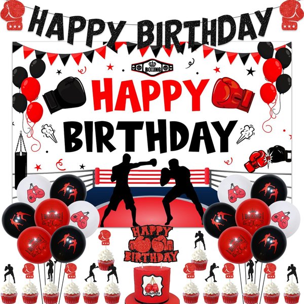 Boxing Birthday Decorations Fight Sports Wrestling Boxer Theme Party Supplies for boys 1 2 3 4 5 Year Old, Black-Red Balloons Backdrop Glitter Cake Toppers