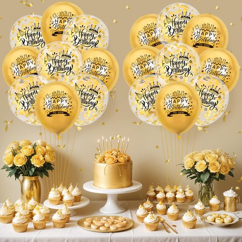 Gold Happy Birthday Party Balloons 18Pcs 12 Inch Metallic Birthday Latex Balloons Confetti Balloons Gold Birthday Decorations for Kids Boys Girls Women Men Birthday Anniversary Party Supplies