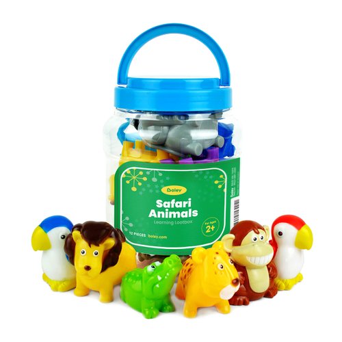 Boley Safari Animals Bath Toy Bucket - 12 Pc Set of Pool & Bath Toys for Toddlers - Educational & Safe Plastic Figures for Ages 2+ - Fun and Durable Jungle Animal Playset in Storage Container