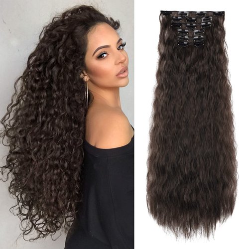 6PCS Clip In Hair Extensions-LONAI 24" Black Brown Hair Extension Long Mermaid Waves Synthetic Clip On Hairpiece For Women