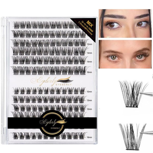 EYEBERLY Lash Clusters 144pcs Individual Lashes DIY Eyelash Extensions, C Curl 10/12/14/16mm Mix Length & Style Natural Cluster Lashes Wispy 2 In 1 DIY Lash Extension at Home (Dream&Princess)