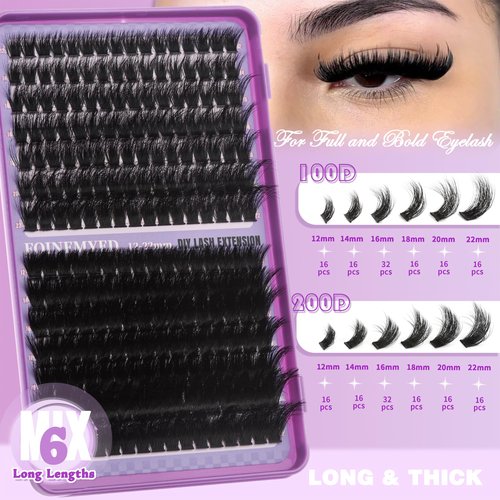 Lash Clusters 100D+200D Thick Volume Eyelash Clusters 12-22mm Long Cluster Lashes Fluffy Eyelash Extensions Individual Lashes Clusters DIY at Home Eyelashes D Curl Lash Extension by FOINEMYED
