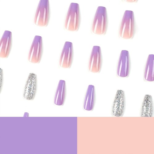 Purple Gradient Press on Nails Medium Length Ballerina Fake Nails Silver Glitter Designs False Nails Full Cover Glue on Nails Coffin Acrylic Artificial Nails for Women Girls Stick on Nails 24Pcs