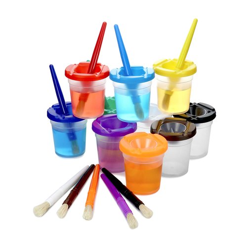 QWORK 40-Piece Spill-Proof Paint Cups with Paint Brushes - Student Painting Tools Brushes for Watercolor, Tempera, Washable, Acrylic, Crafts - Suitable for Art Classes and Preschool Art Supplies