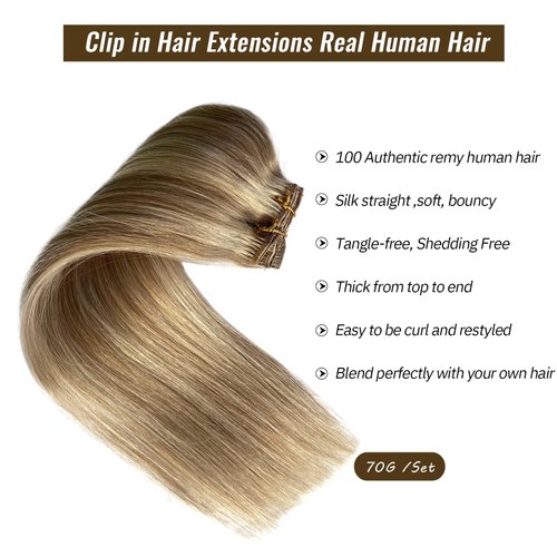 Clip in Hair Extensions, Golden Blonde with Light Blonde Highlights Remy Hair Extensions Clip in Real Human Hair 7 Pcs 70G Clip in Extensions 18 Inch Double Wefts Hair Clip ins for Fine Hair Women