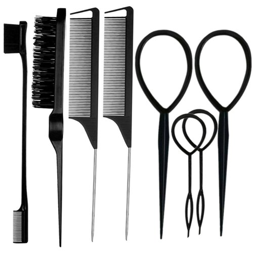 8Pcs Hair Brushes Set with 4Pcs Topsy Hair Tail Tools 1Pcs Bristle Teasing Hair Brush 1Pcs Edge Control Brush 2Pcs Metal Pin Rat Tail Combs for Woman Girl Hair Styling,Edge&Back Brushing (black)