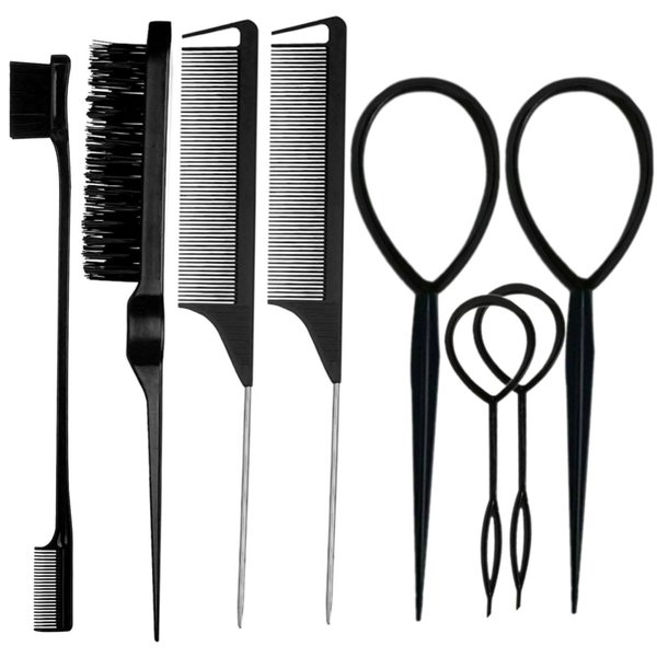 8Pcs Hair Brushes Set with 4Pcs Topsy Hair Tail Tools 1Pcs Bristle Teasing Hair Brush 1Pcs Edge Control Brush 2Pcs Metal Pin Rat Tail Combs for Woman Girl Hair Styling,Edge&Back Brushing (black)