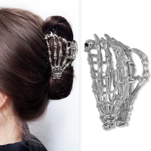Skeleton Hand Metal Hair Claw Clips, 1Pcs Ghost Hand Alloy Hair Claw Clips, Skull Punk Style Metal Hair Clip for Women Hair Accessories Clamps Cosplay Party Halloween Decorations(Silvery)