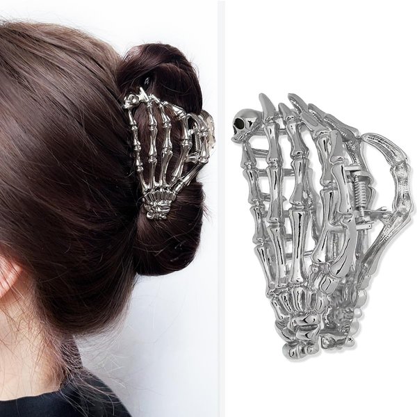 Skeleton Hand Metal Hair Claw Clips, 1Pcs Ghost Hand Alloy Hair Claw Clips, Skull Punk Style Metal Hair Clip for Women Hair Accessories Clamps Cosplay Party Halloween Decorations(Silvery)