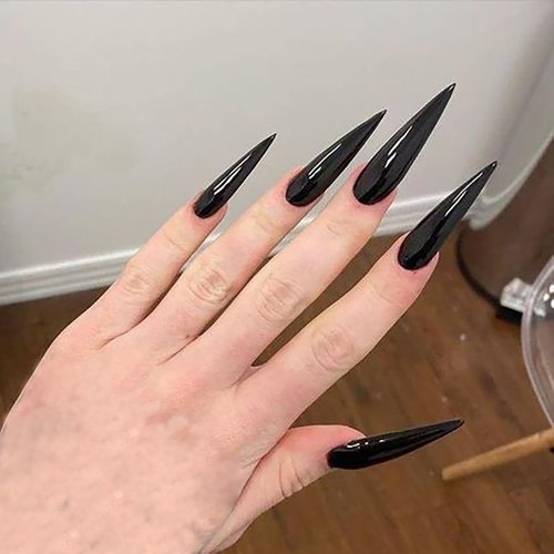24 Pcs Black Press on Nails Long Stiletto Solid Color Fake Nails Sharp Pointed Reusable Glossy Acrylic Nails Stick on Nails Full Cover Extra Long False Nails for Women Girls Manicure Nail Decoration