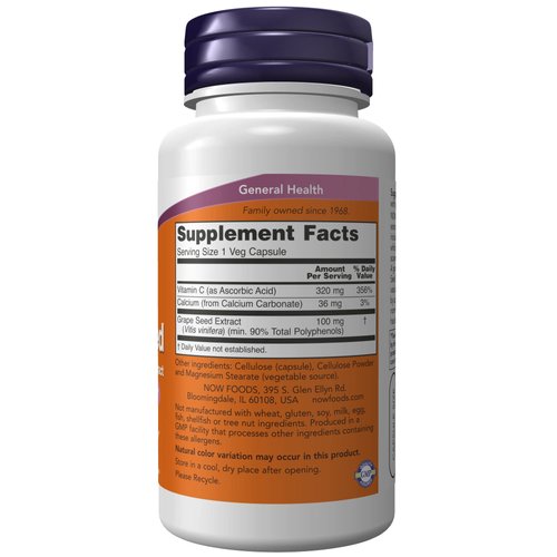 NOW Supplements, Grape Seed 100 mg - Standardized Extract, Highly Concentrated Extract with a Minimum of 90% Polyphenols, with Vitamin C, 100 Veg Capsules