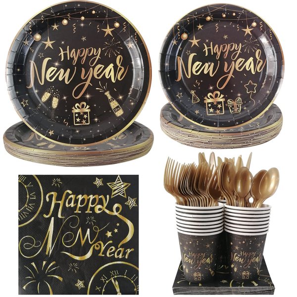 CIEOVO New Year Black Gold Party Tableware Set for 24 Guests Including Dinner Dessert Plates, Lunch Napkins, Cups, Knife, Fork and Spoon for New Year's Eve Party Celebration Supplies Decorations