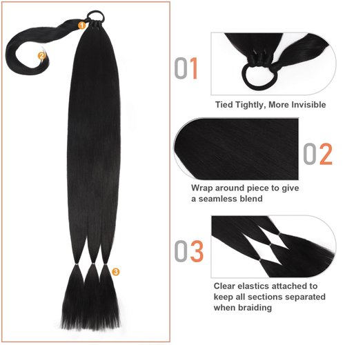 CHARSUN 32 inch Long Braided Ponytail Extensions for Women, Straight Wrap Around Hair Extensions With Hair Tie, Natural Soft DIY Synthetic Ponytail Hair Extensions Daily Wear (Natural Black)