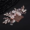Teyglen Flower Pearl Bride Wedding Hair Comb Crystal Hair Comb Bridal Hair Piece Decorative Hair Accessories for Bride Rhinestone Headpiece for Women Grils (Rose gold)