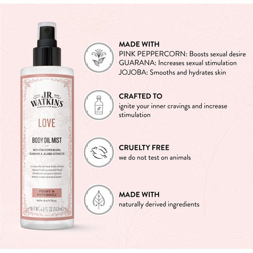 J.R. Watkins Love Body Oil Mist, Hydrates Skin and Boosts Stimulation, Natural Peony & Patchouli, 4.8 oz