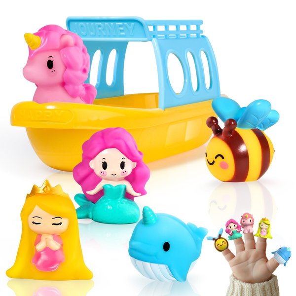 Oriate 5PCS Fairy Princess Bath Toys Set - Silicone Finger Puppets with Boat, Mermaid, Princess, Bee, Whale, Unicorn for Toddlers 1-3