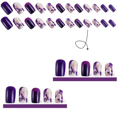 TBRZTR Press on Nails Medium Square Artificial Acrylic Nails with Purple Marbling Design False Nails Purple French False Nails Full Cover Reusable Glossy Coffin Nails Glue on Nails for Women 24Pcs