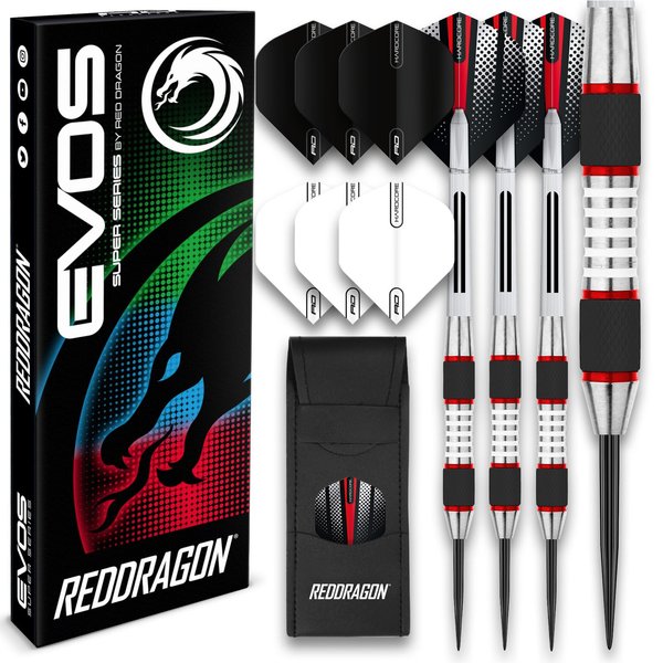 RED DRAGON Evos Tungsten Steeltip Darts Set - 24g with Flights, Stems and Wallet