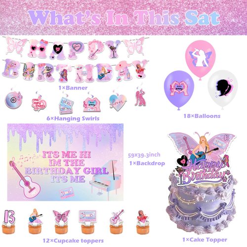 Music Birthday Party Decorations - Singer Happy Birthday Banner, 'ITS ME' Backdrop, Cake, Cupcake Toppers, Hanging Swilrs, Balloons for Fans Music Theme Party Supplies