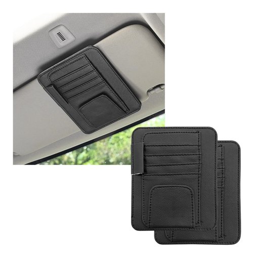 Dickno 2PCS Small Leather Car Sun Visor Organizer, Multifunctional Auto Visor Document Holder with Sunglasses Clip, Universal Car Interior Organizer for Drving License, Card, Pen (Black)
