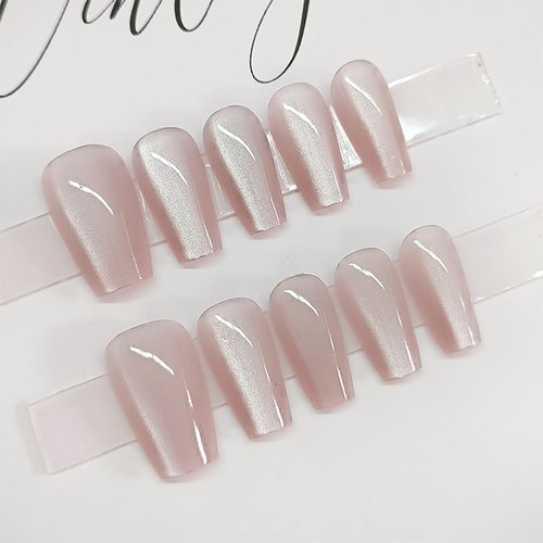 Press on Nails Medium Ballet Shaped Spar Cat Eye False Nails Nude Pink Design Cat Eye Fake Nails Artificial Acrylic Nails Full Cover Glossy Reusable Coffin Nails Glue on Nails for Women 24Pcs
