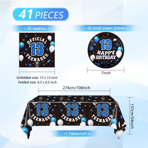 41PCS 13th Birthday Party Supplies 13th Birthday Tableware Set Birthday Party Decor Plates Napkins and Tablecloth 13th Party Dinnerware Decorations for Kids Girls Teenager Favors