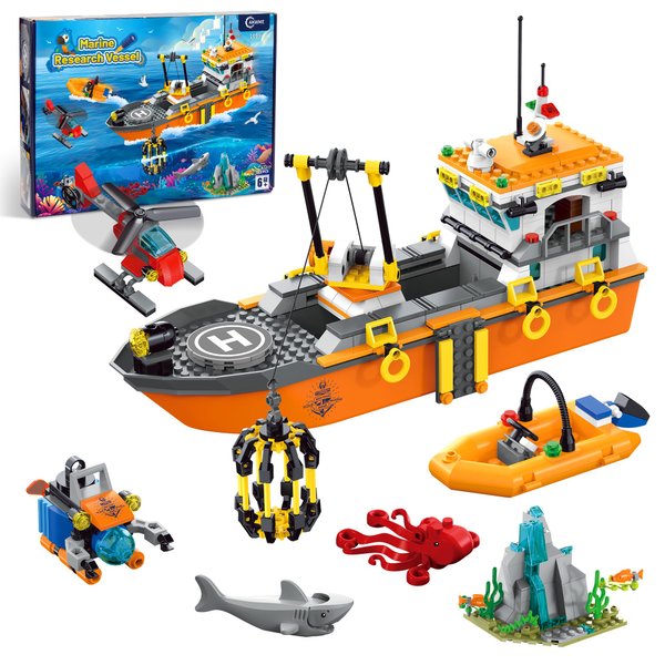 AKWME City Ocean Explorer Ship Building Set, Fun Toy Exploration Boat Building Block Kit with LED Lights,Helicopter, Submarine,and Shark Cage, Birthday Gifts for 6 8 10 12 Years Old Boys Girls Kids