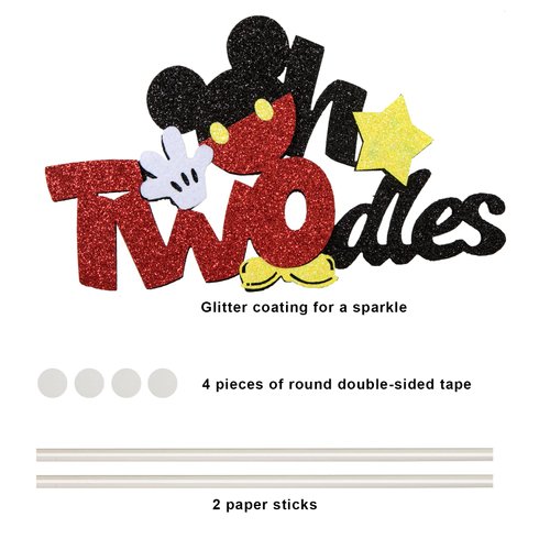 CHuangQi Oh Twodles Glitter Cake Topper, Mickey Themed 2nd Birthday Cake Decor, Second Birthday Party Supplies