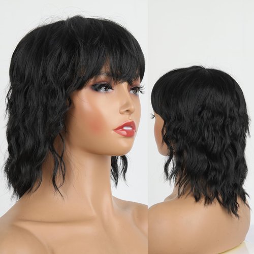 Matthia Short Wavy Bob Wig with Bangs for Women Black Mullet Wig 80s 90s Shaggy Layered Wigs for Women, Short Curly Bob Wigs with Bangs Synthetic Shoulder Length Wigs for Party Use(1B#)