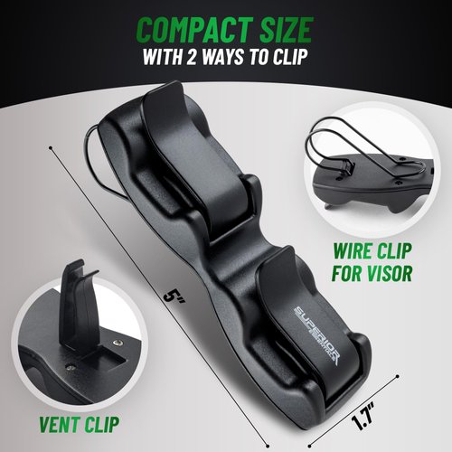 Superior Essentials Sunglass Holder for Car Visor - Luxury Eyeglass Car Mount with Double-Ends Sunglasses Holder Organizer, Universal Car Sunglass Holder Clip, Suitable for All Size Eyeglasses (Black)