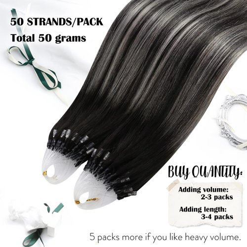 Moresoo Ombre Black Hair Extensions Micro Beads Human Hair Balayage Micro Link Hair Extensions Off Black To Silver Hair Extensions Ombre Gery Micro Link Hair Extensions Human Hair 20In 1G/S 50G