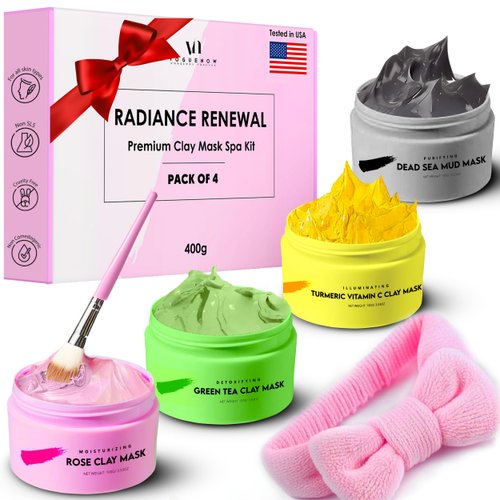 Clay Mask Pack of 4 Jars (400g) With Cute Headband & Brush | Clay Face Mask Gift Pack | Turmeric Vitamin C Clay Mask For Face Green Tea, Rose, Dead Sea Mud | Womens Christmas Gifts, Gift set for Women