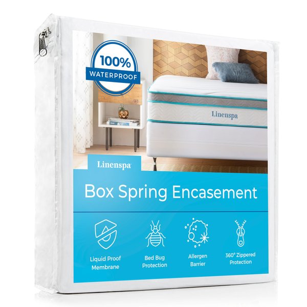 Linenspa Box Spring Encasement Queen, Complete Protection with Zipper, Waterproof Box Spring Protector Queen, White