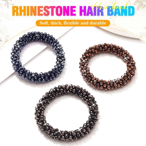 Fashey Beaded Hair Ties Elastic Ponytail Holders Crystal Hair Tie 3 Pcs Rhinestone Hair Scrunchies Hair Accessories for Women