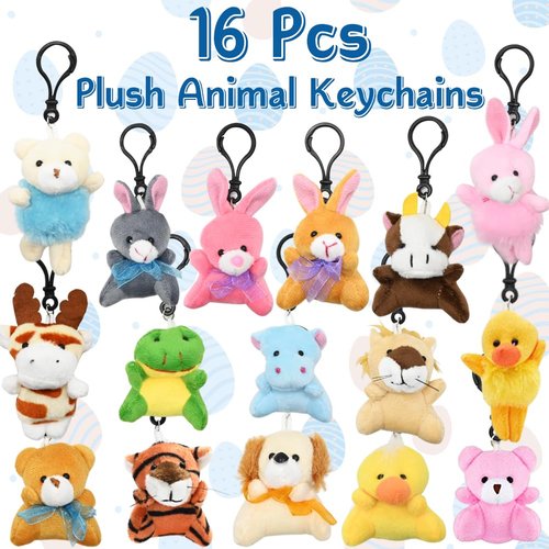 LUKBERA 16Pcs Stuffed Animals Keychains, Mini Assorted Animals Plush Toys For Kids Goodie Bag Fillers Easter Egg Hunt Easter Basket Stuffers Classroom Exchange Gifts
