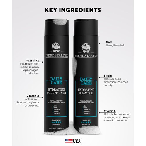 TRENDSTARTER - DAILY CARE - HYDRATING SHAMPOO & HYDRATING CONDITIONER Set (10.14 Fl.Oz ea.) - Made with Aloe, Vitamin A, Vitamin C, and Vitamin E for Healthy Hair and Healthy Scalp - Launched 2023