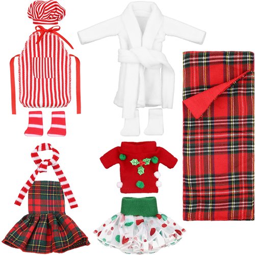 Sumind 10 Pieces Christmas Elf Doll Clothes Accessories Santa Elf Clothing Includes Plaid Elf Accessories with Skirts Nightgown Sleeping Bag Scarf Socks and More(Stylish Style)