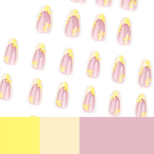 Tyuimhx Yellow Flowers Press on Nails Medium Almond Fake Nails French Tip False Nails With Yellow Floral Pearls Designs Full Cover Stick on Nails Acrylic Artificial Nails for Women Girls 24Pcs
