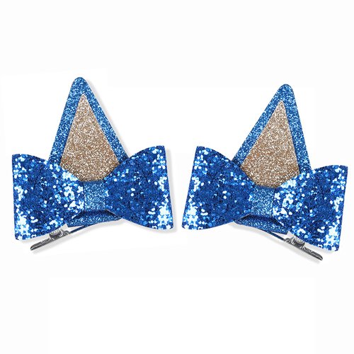 IKUHRMO Blue Ears Hair Clips, 1 Pair Glitter Hair Barrettes for Toddler Girls Birthday Decorations Halloween Costume Cosplay Accessories Party Supplies (Blue)