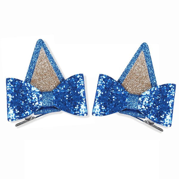 IKUHRMO Blue Ears Hair Clips, 1 Pair Glitter Hair Barrettes for Toddler Girls Birthday Decorations Halloween Costume Cosplay Accessories Party Supplies (Blue)