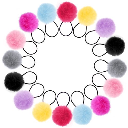 16PCS Elastic Hair Ties with Fluffy Pom Poms, 2 Inches Small Ponytail Holders for Toddler Girls and Pigtails, Baby Hair Accessories (8 Colors)