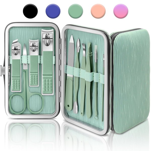 BLESWIN 10 Pieces Nail Clipper Manicure Set, Nail Manicure Set Professional, Small Manicure Set for Women Men, Nail Kit Manicure Set, Ladies Manicure Set in Case Green Leather Nail Care Gift Set