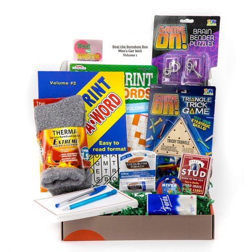 Get Well Soon Gifts for Men Beat the Boredom Box Activities Gift Basket Non Food Tricky Triangle Game Metal Brain Benders Crossword and Word Find Playing Cards Thermal Socks Lip Balm Hand Cream Tissue