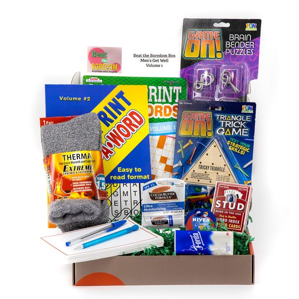 Get Well Soon Gifts for Men Beat the Boredom Box Activities Gift Basket Non Food Tricky Triangle Game Metal Brain Benders Crossword and Word Find Playing Cards Thermal Socks Lip Balm Hand Cream Tissue