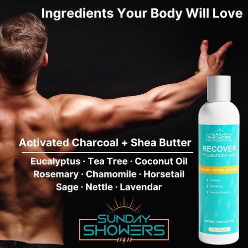 Sunday Showers All Natural Recovery Body Wash - Revitalize and Rejuvenate with clean premium ingredients: Charcoal, Shea Butter, Eucalyptus, Tea Tree, Coconut Oil, Rosemary, Chamomile, Sage