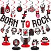 LARRAZABAL 25PCS Rock and Roll Party Decorations Include Born to Rock Glitter Banner, Rock and Roll Hanging Swirls and Honeycomb Centerpieces for Birthday Baby Shower Party Supplies
